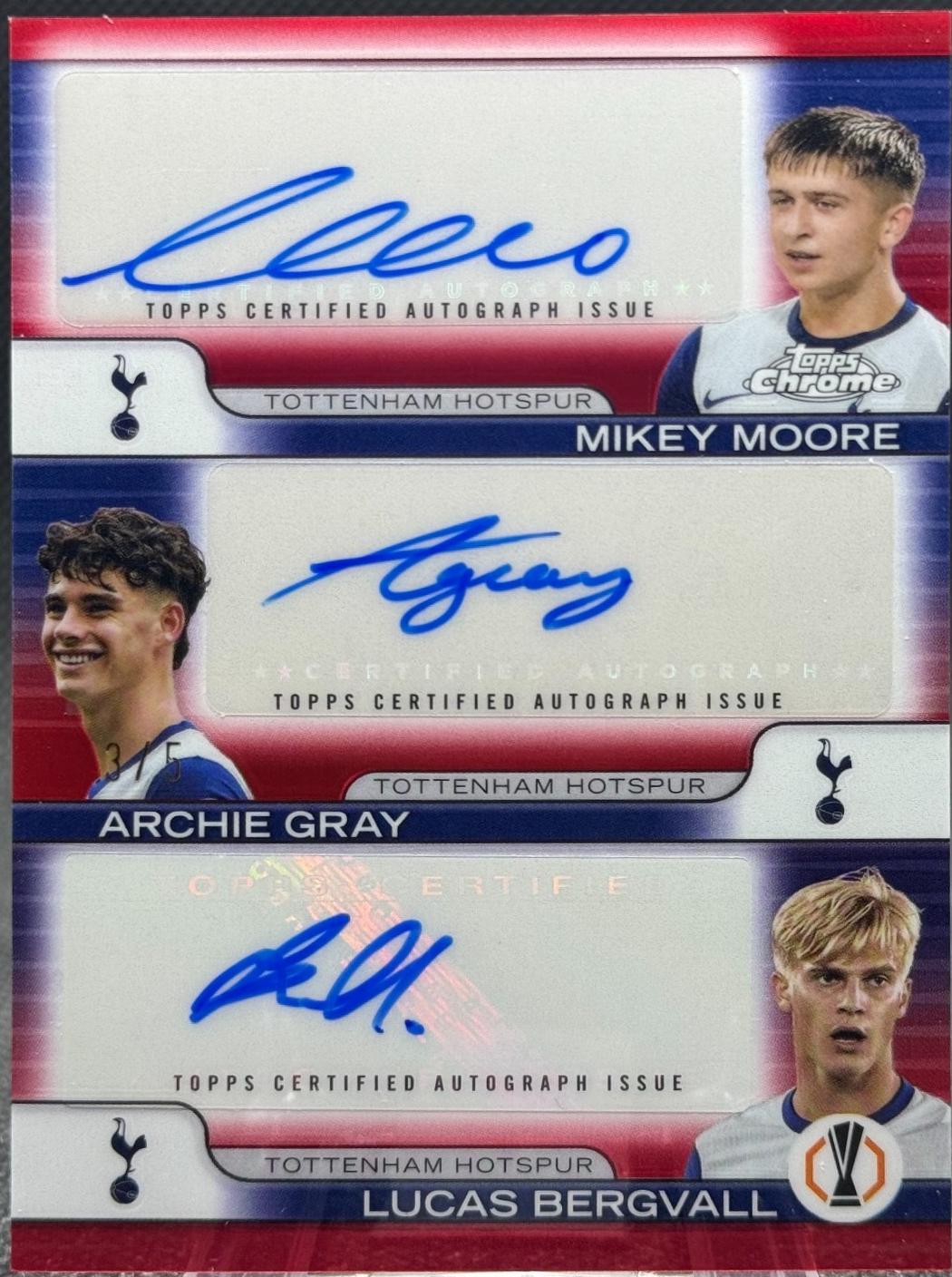 Mikey Moore / Lucas Bergvall / Archie Gray - Chrome UEFA Triple Autograph #TA-TOT