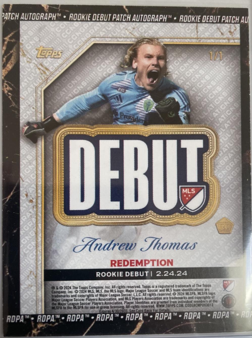 Andrew Thomas - Finest MLS Debut Patch Autograph #DPA-AT